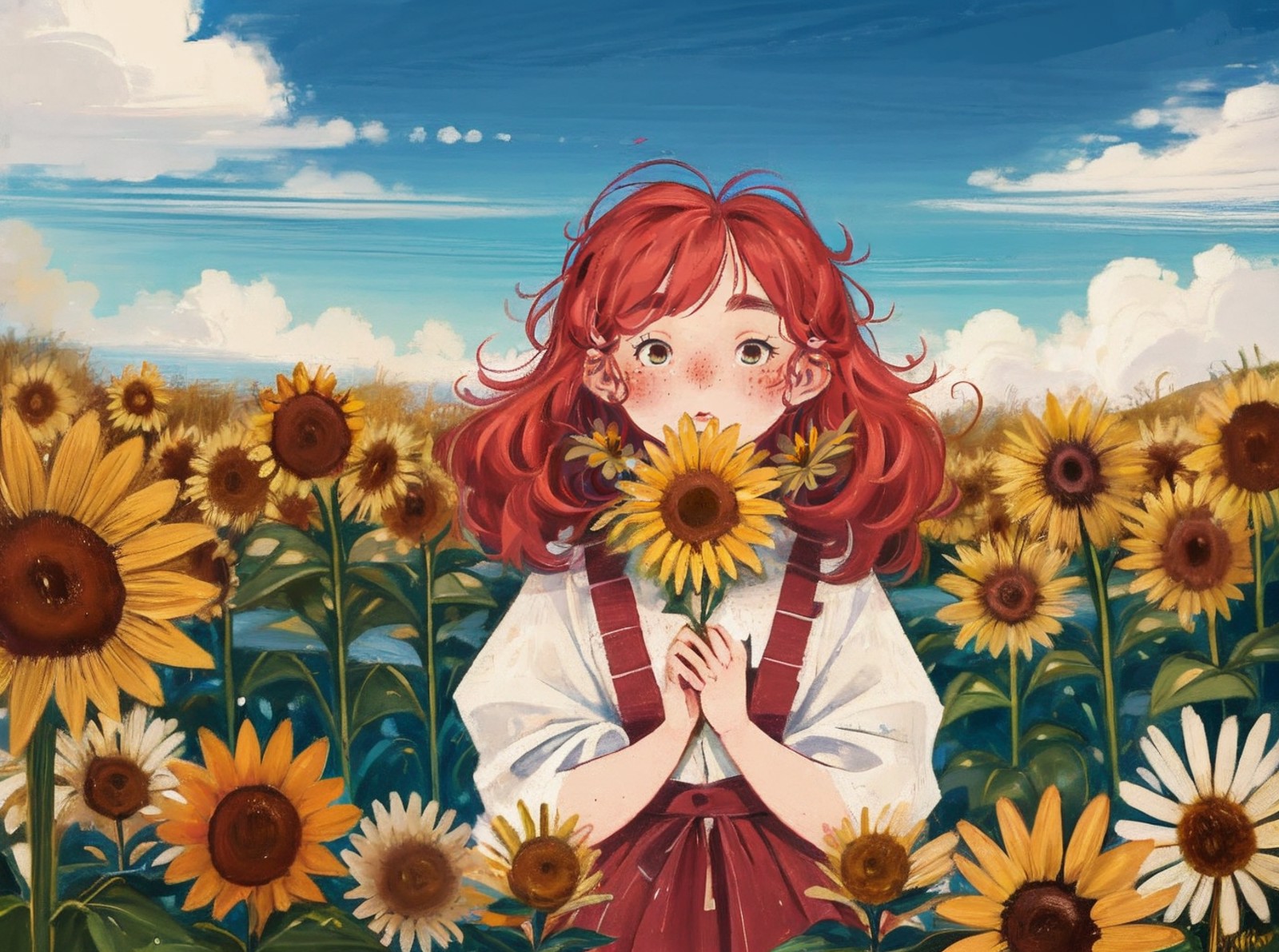 03948-1282908532-best quality,masterpiece,ultra high res,childpaiting,1girl,solo,crayon drawing,_sunflower,sky,outdoors,surreal,freckles,.png